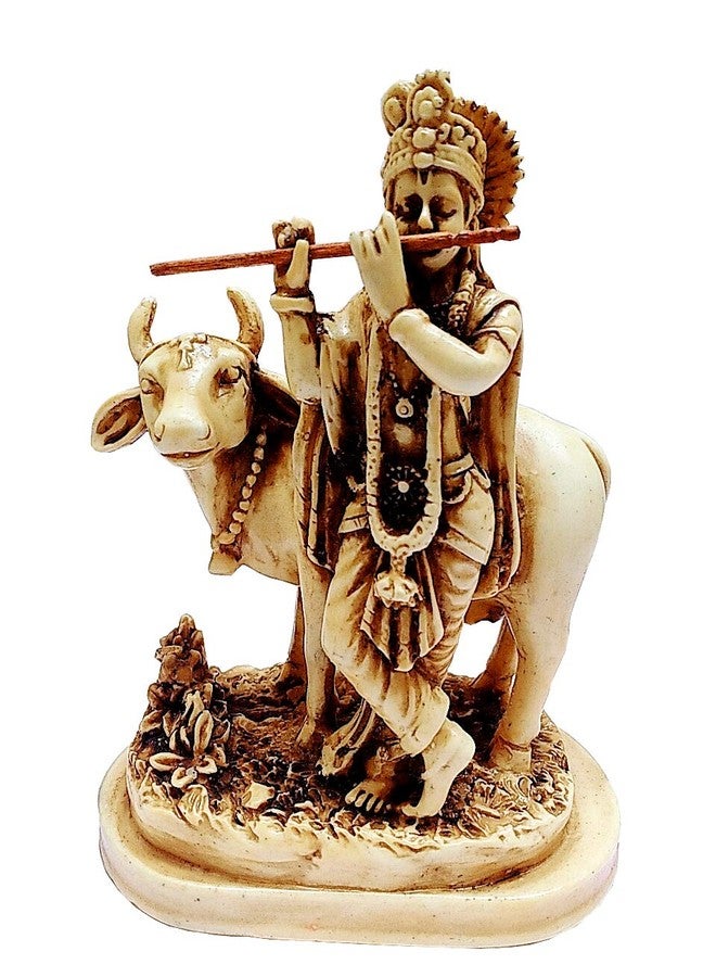 Purpledip Resin Idol Lord Krishna with Cow: Stone Finish Statue for Home Temple (11645) - Image 1